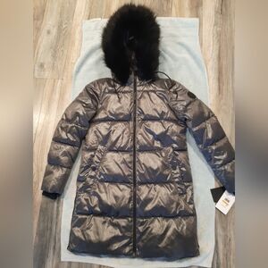 DKNY Puffer Parka Coat Faux Fur Hood Shiny Black Small